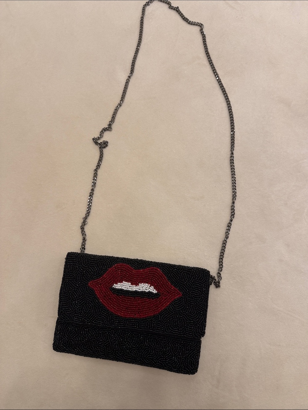 Beaded Black Crossbody Bag with Red Lip Motif